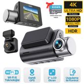 Kawa D7 4K 1080P HDR Wi-Fi 6 GPS'li 2 Kameralı Ön ve Arka Araç Kamerası ve 64 GB Hafıza Kartı