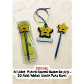 Keçebahçesi Kayseri Yıldızlı Isimlik Yaka Kartı ve Kalemli Yıldızlı Kalem Başlığı Seti - Keçe Ilkokul Materyalleri - 10/20/30 Adetli Set Seçenekleri - Yıldızlı Kalem Başlığı-Yıldızlı İsimlik 20'li Set