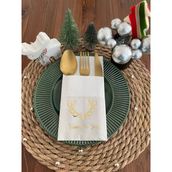 Kidspartim 12'li 40x40 cm Gold Yaldızlı Beyaz Cepli Aır Touch Happy New Year Geyik Boynuzu Peçete