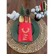 Kidspartim 12'li 40x40 cm Gold Yaldızlı Kırmızı Cepli Küçük Geyik Boynuzu Peçete