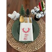 Kidspartim 12'li 40x40 cm Kırmızı Yaldızlı Beyaz Cepli Küçük Geyik Boynuzu Peçete
