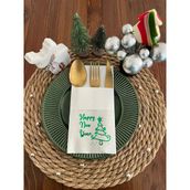 Kidspartim 12'li 40x40 cm Yeşil Yaldızlı Beyaz Cepli Happy New Year Çam Ağacı Peçete