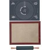 Kitchen Design Lab Fırın Pişirme Altlığı, Gri Ölçülü Hamur Açma Matı 45 x 65 Cm, Bambu Saplı Silikon Merdane