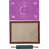 Kitchen Design Lab Fırın Pişirme Altlığı, Mor Ölçülü Hamur Açma Matı 45 x 65 Cm, Bambu Saplı Silikon Merdane
