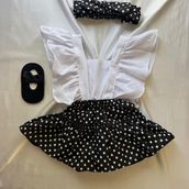Kız Çocuk Siyah Puantiye Salopet Bandana ve Babet Çorap Set - Siyah - Beyaz - 9 - 12 Ay