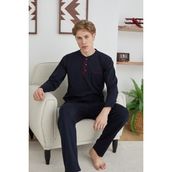 Kly Erkek Büyük Beden Midi Yaka Pijama Takımı - Lacivert - 3XL