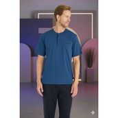 Kly Erkek Büyük Beden Midi Yaka Pijama Takımı - Mavi - 5XL