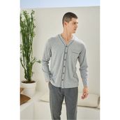 Kly Erkek Dört Mevsim Battal V Yaka Boydan Düğmeli Pijama Takımı - Antrasit - 6XL