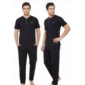 Kompedan Erkek % 100 Pamuk Düğmeli Yaka Altı Düz Cepli Kısa Kol Pijama Takımı | Siyah 621 - 2XL