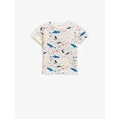 Koton 03E Erkek Bebek Ekru Desenli Kollu Bisiklet Yaka Köpek Balığı ve Balina Baskılı T-shirt