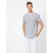 Koton 0YAL18224IK Mavi Bisiklet Yaka Kısa Kollu Çizgili Kadın T-shirt