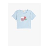 Koton 2SKG10559AK Crop Çiçek Baskılı Kısa Kollu Bisiklet Yaka Pamuklu Pembe Kadın T-shirt