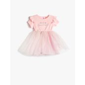 Koton 3SMG80037AK Pembe Slogan Baskılı Tütü Etekli Kız Bebek Elbise