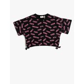 Koton 9D9 Kız Çocuk Crop Oversize Kısa Kollu Baskılı Yanları Fiyonk Detaylı Bisiklet Yaka Siyah Desenli T-shirt