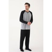 Koza İç Giyim Erkek Pamuklu Uzun Kollu Cepli Pijama Takımı - Gri - Siyah - XL