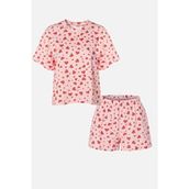 Koza İç Giyim Kısa Kollu Kadın Pijama Takımı Kırmızı Kalpli Pamuklu Basic Desenli 2'li Set - Pembe