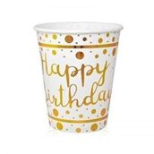 Kullan At Market Metalik Altın Happy Birthday Baskılı Beyaz Karton Bardak 8oz 6'lı