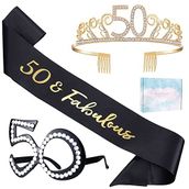 KYZCROTW Kadınlar için 50. Doğum Günü Hediyesi, 50. Doğum Günü Tacı Tacı, 50 ve Muhteşem Kuşak ve Bardaklar Kadınlar için 50 yaş Doğum Günü Partisi Süslemeleri ve Malzemeleri, 3 adet