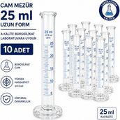 Labolist Cam Mezür 25 ml Uzun Form A Kalite Borosilikat Laboratuvara Uygun 10 Adet