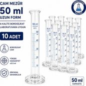 Labolist Cam Mezür 50 ml Uzun Form A Kalite Borosilikat Laboratuvara Uygun 10 Adet