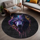 Latte Dizayn Wolf Gamer Halısı Şönil Pamuk Tabanlı Kaymaz Yıkanabilir Yuvarlak Gaming Oyuncu Odası Halısı 120x120