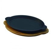 Lava 18x24 cm Siyah Döküm Oval Fajita Tabağı Döküm Demir Yekpare Çift Kulplu Kayın Servis Ahşabı
