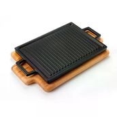 Lava 22x30 cm Siyah Dikdörtgen Çift Yön Izgara Hot Plate Döküm Demir Yekpare Çift Kulplu Kayın Servis Ahşabı