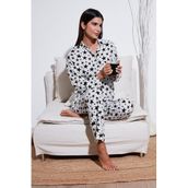 Lela Desenli Rahat Kesim Bol Paça Yazlık Gömlek Yaka Kadın Pijama Takımı (BEYAZ, M)