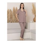 Limissi Çizgili Önden Düğmeli Pijama Takımı, 44, 22D64565025S1, Açık Kahverengi, kadın