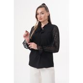Loom Boutique Büyük Beden Kravat Yaka Keten Flok Baskılı Kol Garnili Bluz