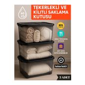 Loremp 60 LT Tekerlekli Kilitli Saklama Kutusu 3’lü Set Kapaklı Şeffaf BPA İçermez Üst Üste İstiflenebilir