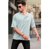 Madmext 5863 Mint Yeşili Hakim Yaka Çizgili Kısa Kollu Gömlek
