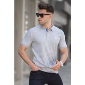 Madmext 5881 Erkek Boyalı Gri Çizgili Polo Yaka Tişört