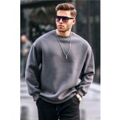 Madmext 6048 Füme Bisiklet Yaka Oversize Şardonlu Basic Erkek Sweatshirt