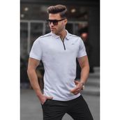 Madmext 6076 Basic Fermuarlı Polo Beyaz Erkek T-shirt