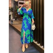Madmext MG2076 Saks Uzun V Yaka Desenli Kadın Elbise
