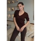 Madmext MG2369 Kahverengi V Yaka Örgülü Kadın Triko Tişört