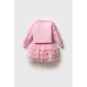 Magu Pembe Pamuklu Fırfırlı Sweatshirt Tüllü Etek Alt-Üst Takım Kız Çocuk - 5 - 6 Yaş