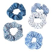 Mavi Beyaz Çiçek Desenli Saç Tokası Seti, Puantiyeli ve Ekose Desenli, 5 Parça, 10 cm x 3.5 cm