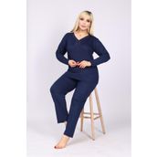 MEBA Kadın Büyük Beden Yaka Düğmeli Uzun Kollu Penye Anne Lacivert Pijama Takımı