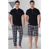 Mecit 2901 Lacivert Ekoseli Büyük Beden Erkek 3'lü Pijama Takımı