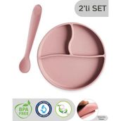 Meleni Baby 2'li Silikon Bebek Beslenme Seti - Vakumlu Tabak, Diş Kaşıyıcılı Silikon Kaşık - Pembe