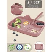 Meleni Baby 2'li Silikon Beslenme Seti - 3 Bölmeli Silikon Beslenme Tabağı, Silikon Diş Kaşıyıcı Kaşık - Pembe