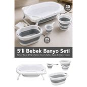 Meleni Baby 5'li Bebek Banyo Seti - Katlanabilir Kaymaz Taban Küvet Sepet Su Kovası Maşrapa Gri File Hediye