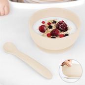 Meleni Baby Vakumlu Silikon Bebek Mama Kasesi - Vakum Tabanlı Kase - Silikon Diş Kaşıyıcı Kaşık - Bej