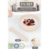 Meleni Baby Vakumlu Silikon Bebek Mama Kasesi - Vakum Tabanlı Silikon Kase - Silikon Diş Kaşıyıcı Kaşık - Bej