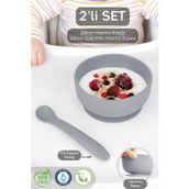 Meleni Baby Vakumlu Silikon Bebek Mama Kasesi - Vakum Tabanlı Silikon Kase - Silikon Diş Kaşıyıcı Kaşık - Gri