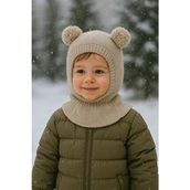 Meriç Bebe Kız-Erkek Çocuk Ponponlu Dikişsiz Bej Lüx Triko Balaklava Bere Kar Maskesi Kış Sezonu - 0 - 2 Yaş