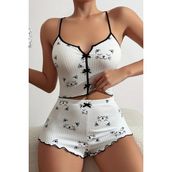 Merry See Kadın Yavru Kedi Desenli Askılı Pijama Takımı Fiyonklu ve Şortlu Tasarım - XL - Beyaz
