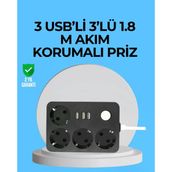 Mey İthalat® 3 Usb Çıkışlı 4’Lü Akıllı Priz 2500W 2 Metre Kablo